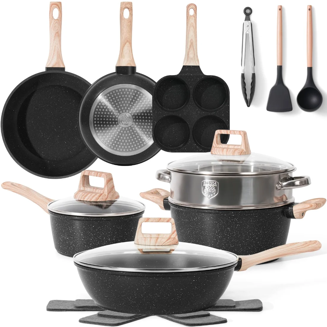 SODAY 17-Piece Granite Cookware Set, Black